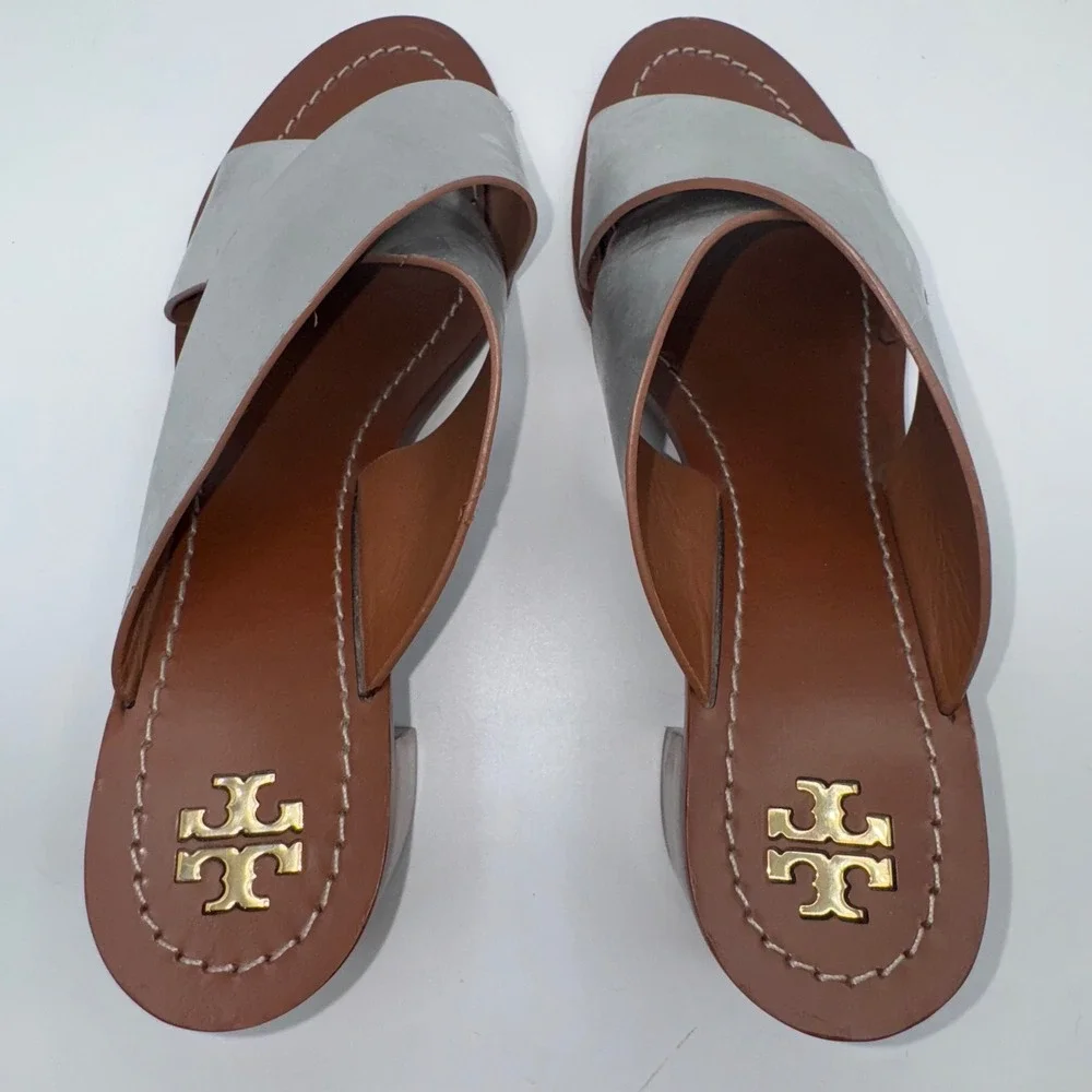 Tory Burch Heels Silver‎ Metallic Montrose Stacked Block Heel Slide Sandals 9.5